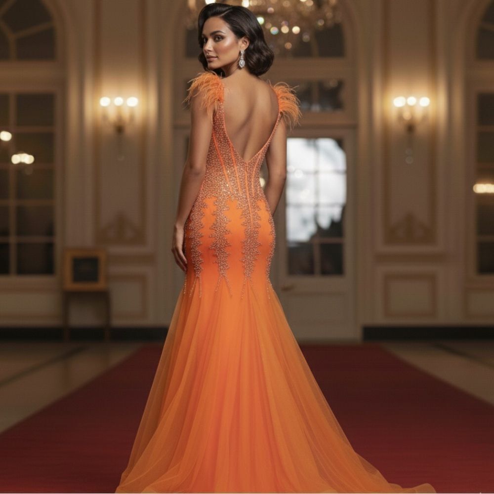 Jovani Vibrant Orange Feather-Trim Beaded Mermaid Gown - Picture 5 of 16